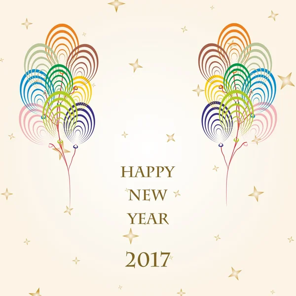 Saudações de Ano Novo para 2017 com balões coloridos voando em um fundo dourado com estrelas de ouro e a palavra Feliz Ano Novo 2017 — Vetor de Stock