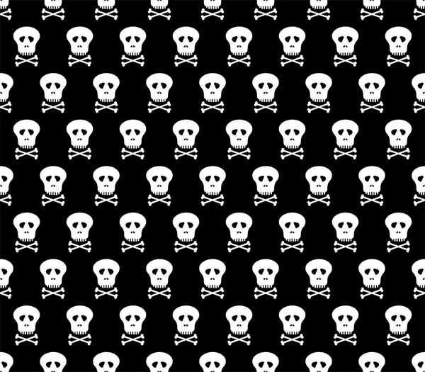 Background with white human skull in a row side by side and under each other alternately with black holes from the eyes and nose with teeth and bones crossover below the skull on a black backdrop — Stock Vector