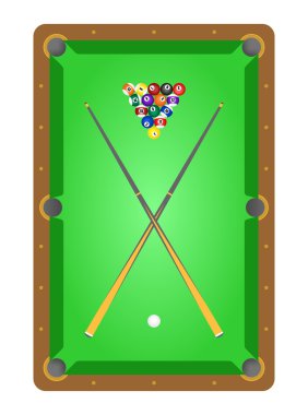 Ahşap Bilardo masası yeşil bezle görünümünü top bilardo topları ve iki crossover Bilardo yardımlar masanın üstüne beyaz bir arka plan üzerinde. Bilardo oynamaya hazır
