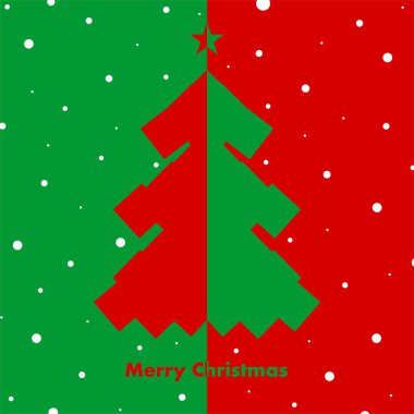 Noel kartı ile beyaz düşen kar taneleri ile zıt bir arka plan ve Merry Christmas yazıt yıldızı ile Noel ağacının kırmızı ve yeşil Noel ağacı