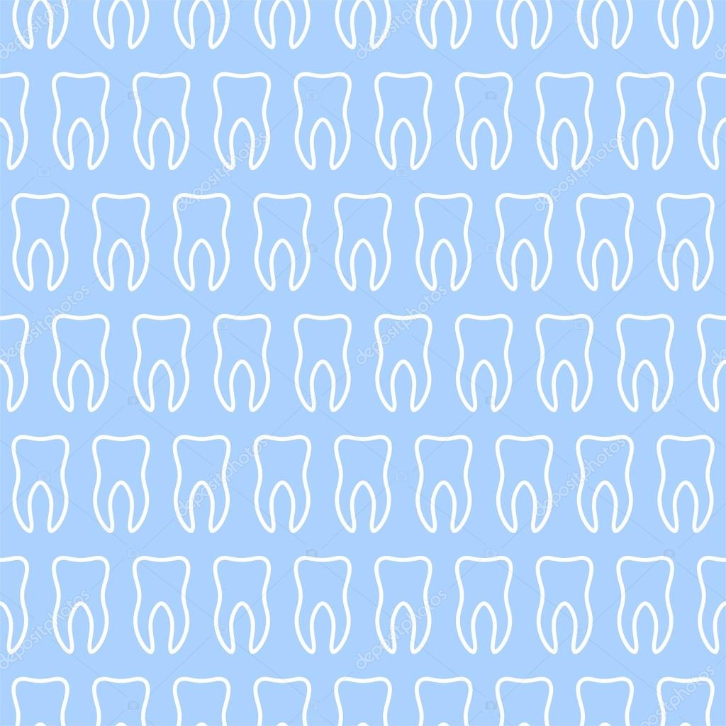 Dental vector background with blue teeth with white contour in a row side by side and alternately under each other on a blue background. Tooth backdrop