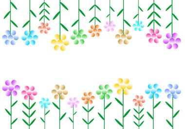 Renkli çiçekli ile beyaz arka plan yukarı ve aşağı üst üste çiçekler. Farklı renkleri ve boyutları ile yeşil sapları ve yaprakları çiçek açan çiçekler