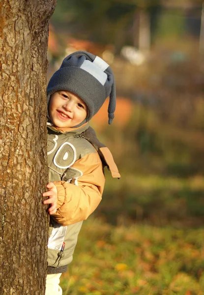 Sorrindo menino atrás da árvore — Fotografia de Stock