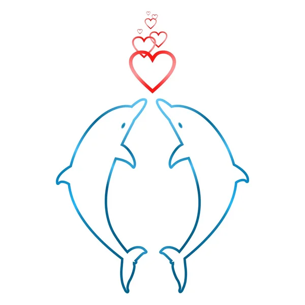 Два дельфина, прыгающих от любви к сердцам — стоковый вектор