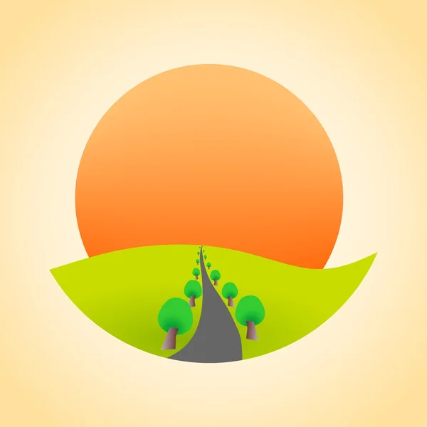 Захід сонця з деревом вздовж дороги на зеленому лузі — стоковий вектор