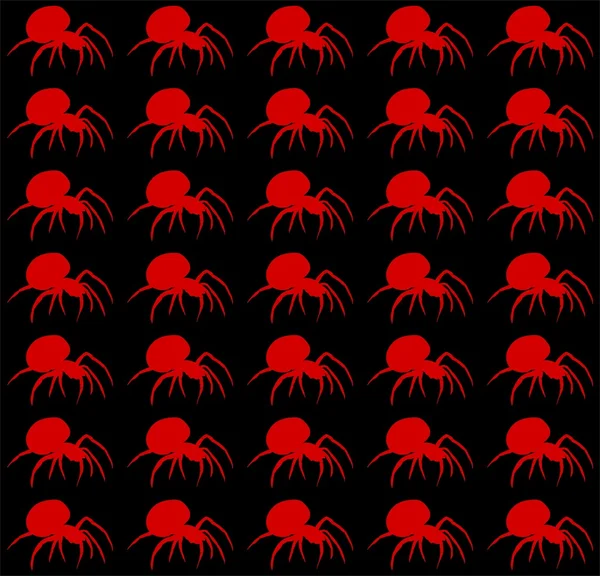 Una araña roja caminando en fila sobre un fondo negro — Vector de stock