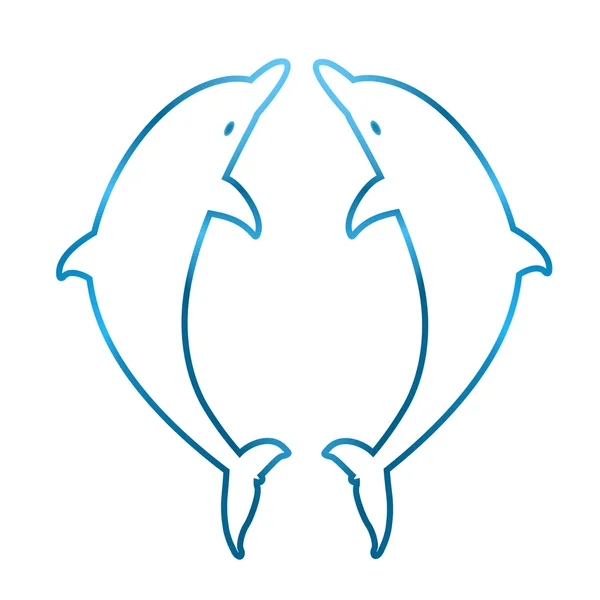 Due delfini blu che saltano uno contro l'altro su uno sfondo bianco — Vettoriale Stock