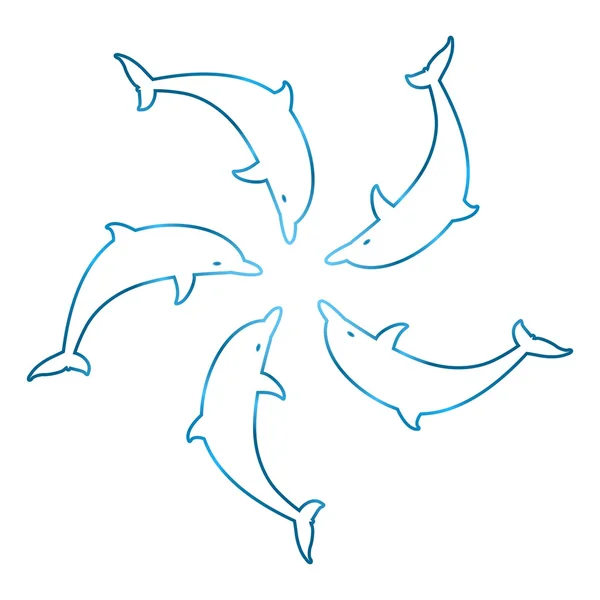 五个蓝色海豚在面对对方在白色背景上的戒指 — 图库矢量图片