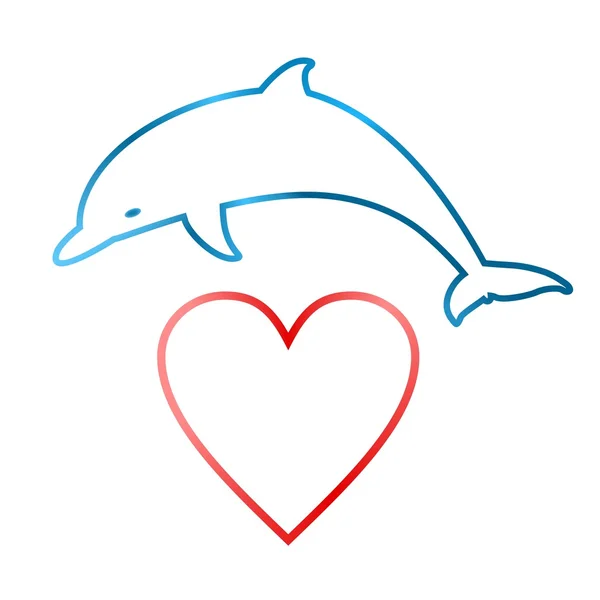 Blauer Delfin springt durch ein rotes Herz auf weißem Hintergrund — Stockvektor