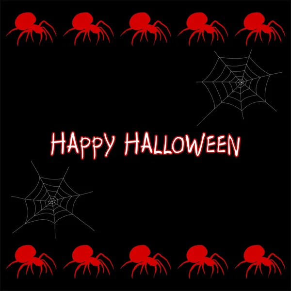 Halloween-Gruß aus roter Spinne, weißer Spinnweben-Aufschrift Happy halloween auf schwarzem Hintergrund — Stockvektor