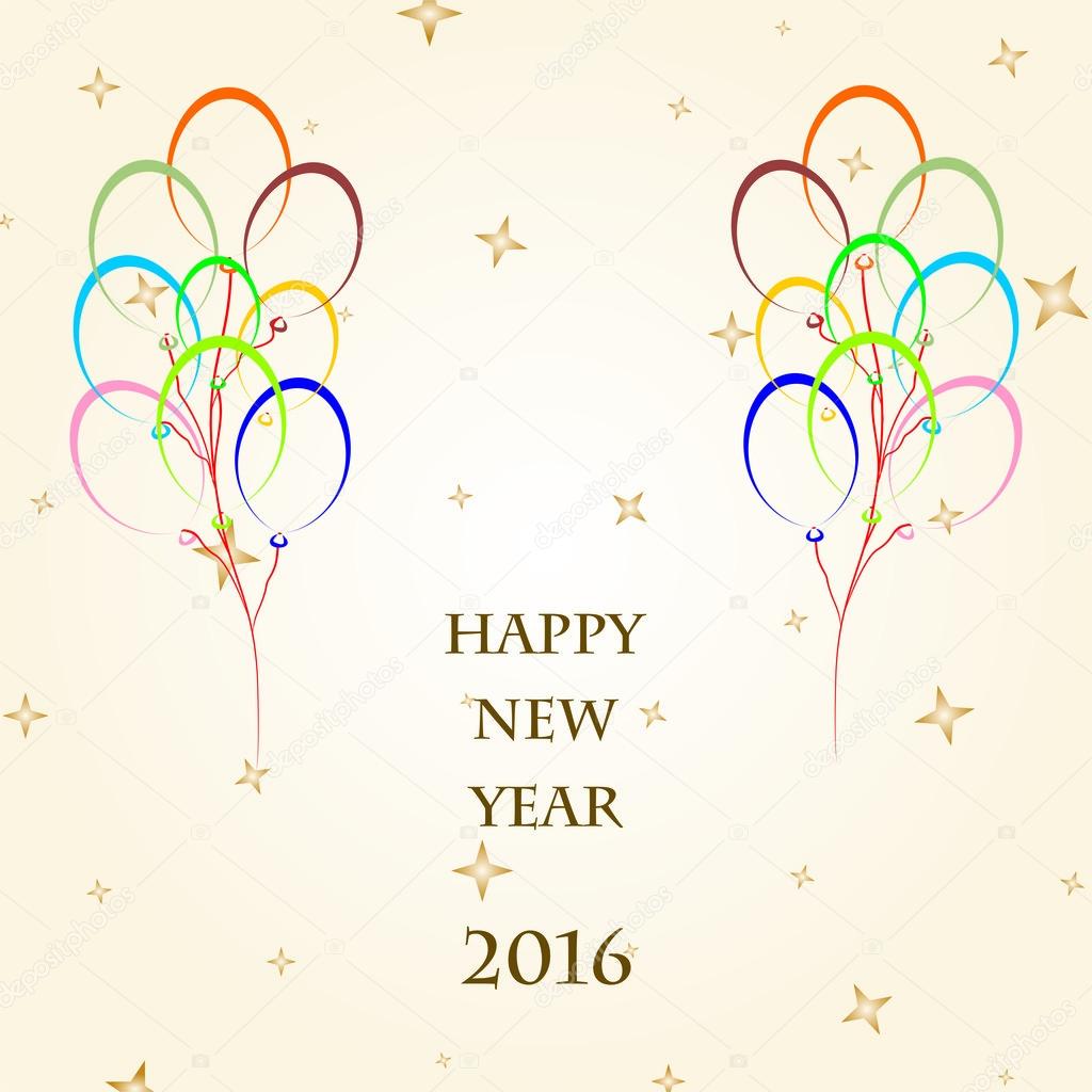 New Year Greetings for 2016 on a gold background with gold stars and by flying colorful balloons with twine