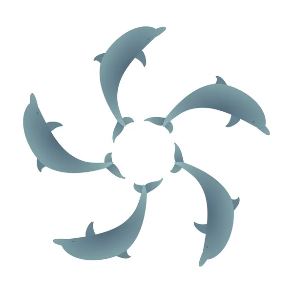 Пять голубых дельфинов, прыгающих в кольце соединенных хвостов — стоковый вектор