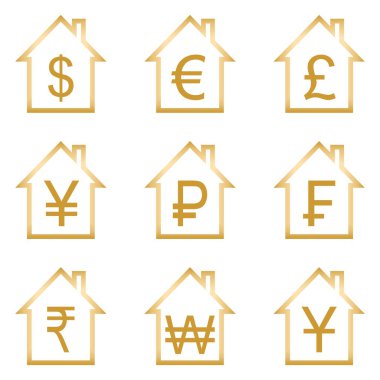 Altın kahverengi kontür ev küresel finansal para birimlerinde sembollerin set