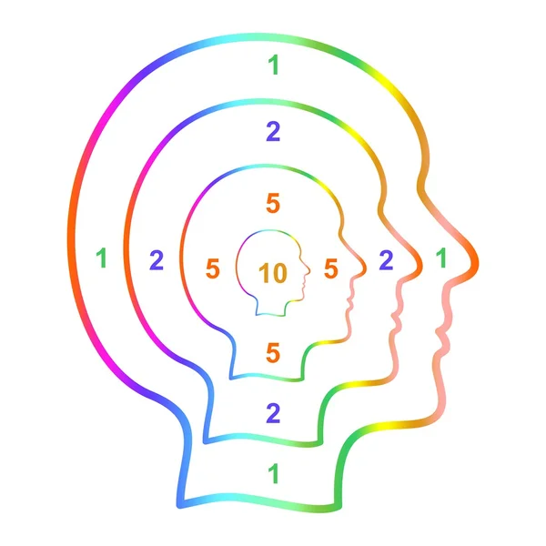 Cabeza humana colorida como objetivo con números de colores en sus cabezas sobre un fondo blanco — Vector de stock