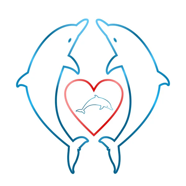 Dois golfinhos azuis de frente um para o outro com um coração vermelho com um pequeno golfinho azul dentro de um coração em um fundo branco —  Vetores de Stock