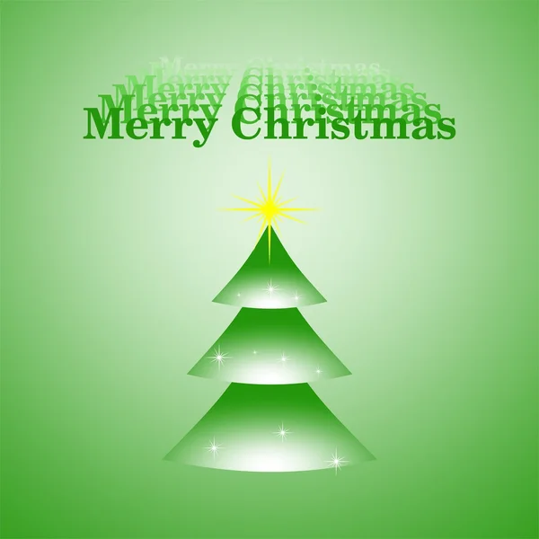 Green Christmas card with a green Christmas tree with glistening white snow with yellow star and green increasing writing Merry Christmas on green background — Stock Vector