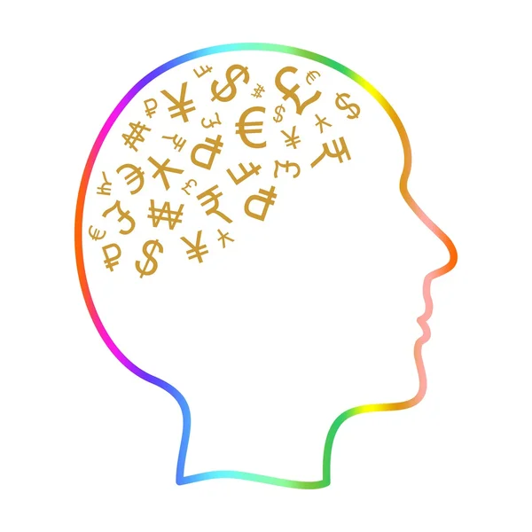 Contorno de color de una cabeza humana con monedas del mundo de oro en el cerebro sobre un fondo blanco — Vector de stock