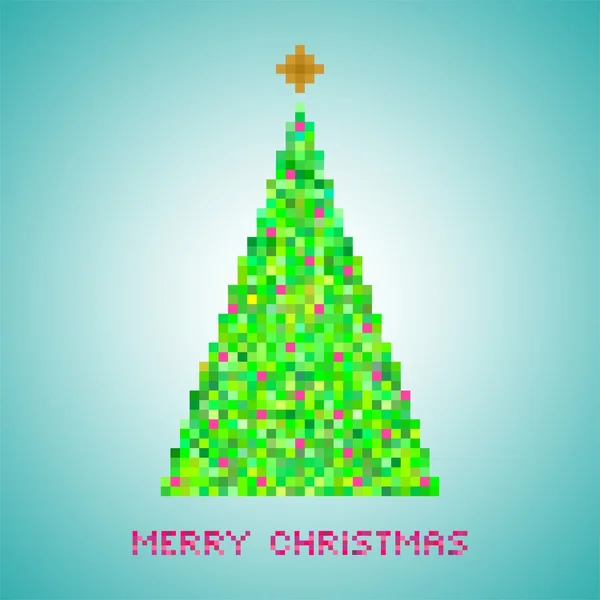 Weihnachtskarte mit grünem Weihnachtsbaum aus kleinen Quadraten mit blinkenden Pixeln und roter Aufschrift frohe Weihnachten aus roten Pixeln und goldenem Stern aus Quadraten — Stockvektor