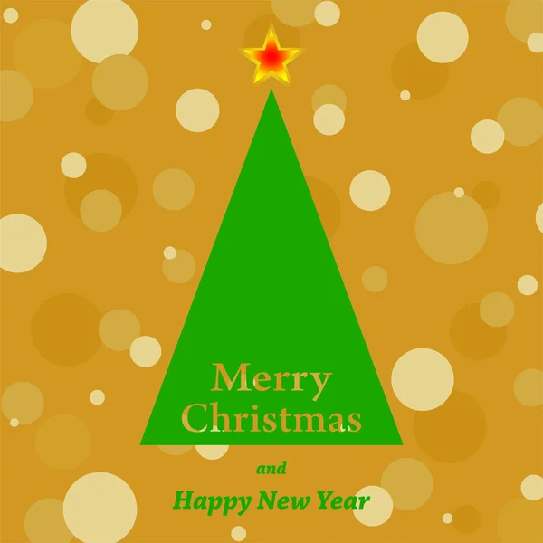 Gouden Kerstkaart met een groene kerstboom met de woorden Merry Christmas met rood en geel sterren met een gouden achtergrond met opsommingstekens en de inscriptie een Happy New Year — Stockvector