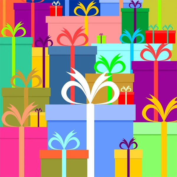 Színes háttér színes ajándékok és színes csomagok különböző méretű halmozott együtt-fel kötött színes szalagok — Stock Vector