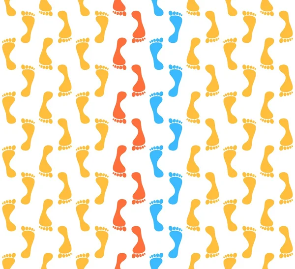 Lo sfondo alle stampe arancioni di gambe umane alternativamente l'una contro l'altra in fila con impronte blu e rosse di camminare l'uno di fronte all'altro nel mezzo su uno sfondo bianco — Vettoriale Stock