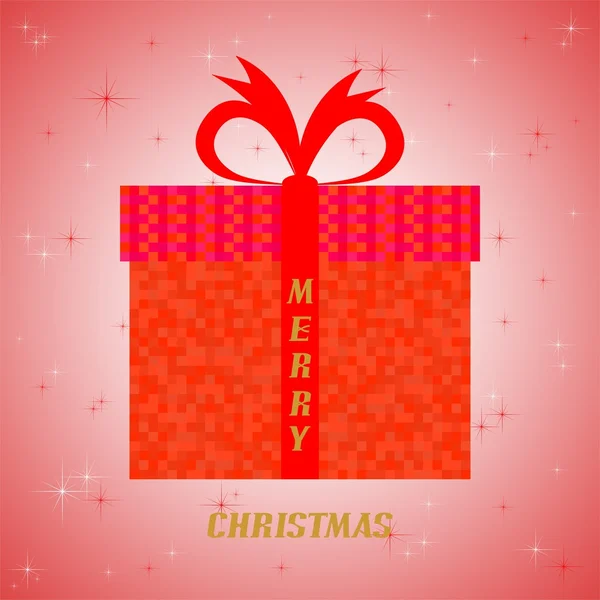 Tarjeta de Navidad con paquetes rojos con un cuadrado rojo con una cinta roja con las palabras Feliz Navidad sobre un fondo rojo con la estrella roja y blanca luminosa — Vector de stock