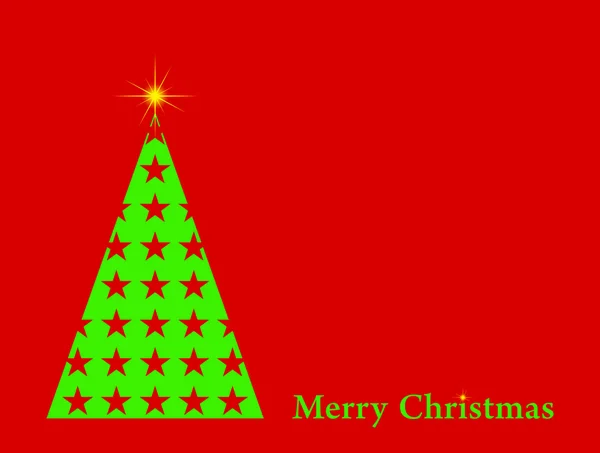 Tarjeta roja de Navidad con un árbol de Navidad verde con estrellas verdes y una estrella amarilla brillante en la parte superior con letras verdes Feliz Navidad y una estrella amarilla — Vector de stock