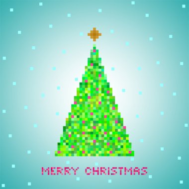 Noel tebrik dan yeşil Noel ağacı yeşil piksel, altın yıldız ile kırmızı kareler ile küçük yeşil kareler mavi ve mavi kare ve Merry Christmas harflerle kırmızı kar