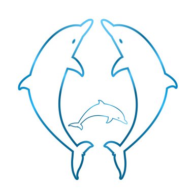 İki yunuslar her bir küçük kontur yunus aralarında beyaz bir arka plan üzerinde ile karşı karşıya mavi atlama kıvrımlarına