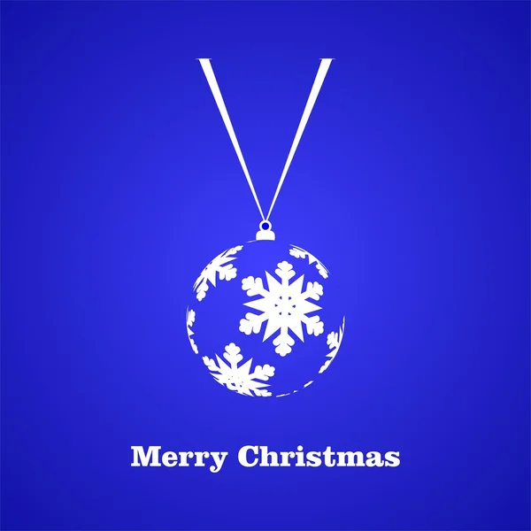 Blue Christmas card with Christmas balls with white snowflakes hanging on white ribbons and white Merry Christmas inscription on a dark blue background — Stock Vector