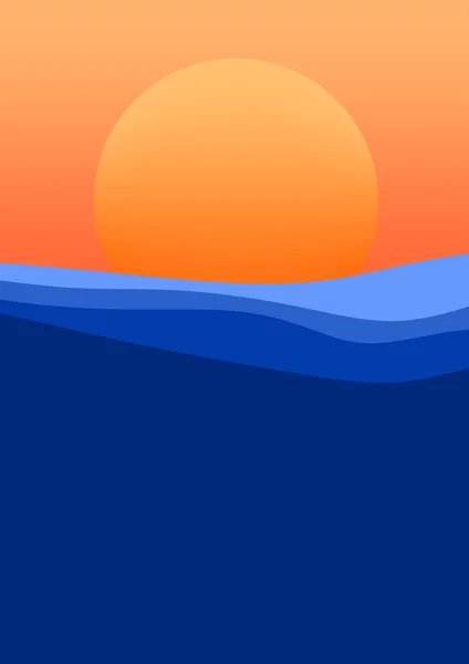 Belo pôr do sol acima da superfície do mar com ondas de céu laranja e sol laranja no horizonte — Vetor de Stock