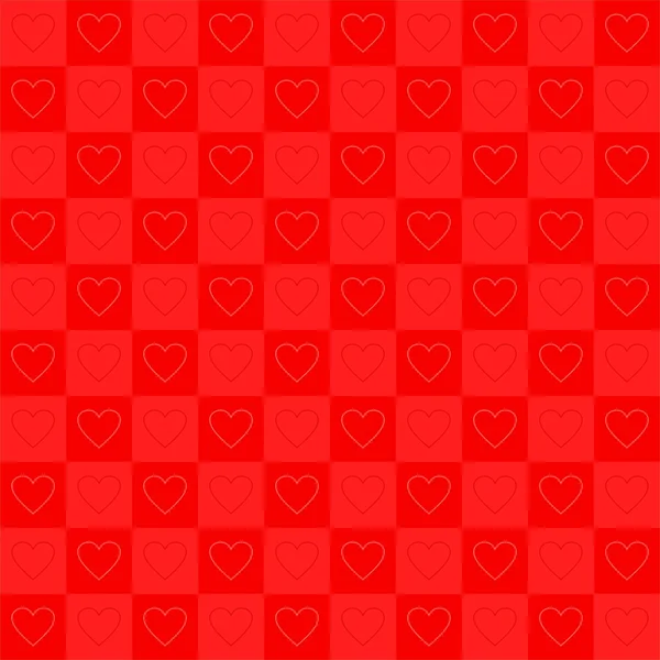 Fondo rojo San Valentín con dados rojos oscuros y claros en fila con alternancia de corazón oscuro y claro en cuadrados — Vector de stock