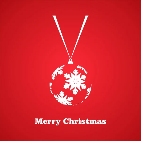 Red Christmas background with Christmas balls with white snowflakes hanging on the white ribbon with white writing Merry Christmas on a red background — Stock Vector