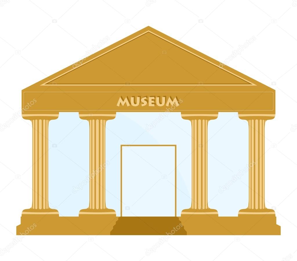 Gold museum building with columns, stairs, doors with glass panes and museum inscription on a white background