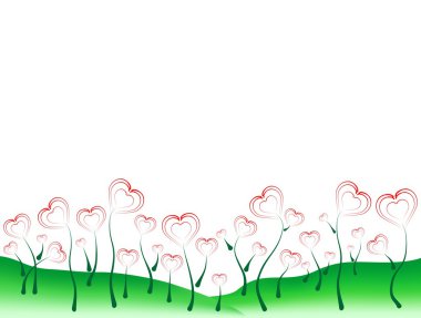 Yeşil tepelerin ve beyaz bir arka plan üzerinde kalp çiçek ile manzara