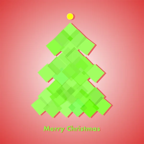 Red Christmas card met een groene kerstboom van pleinen en gele ster te behalen — Stockvector