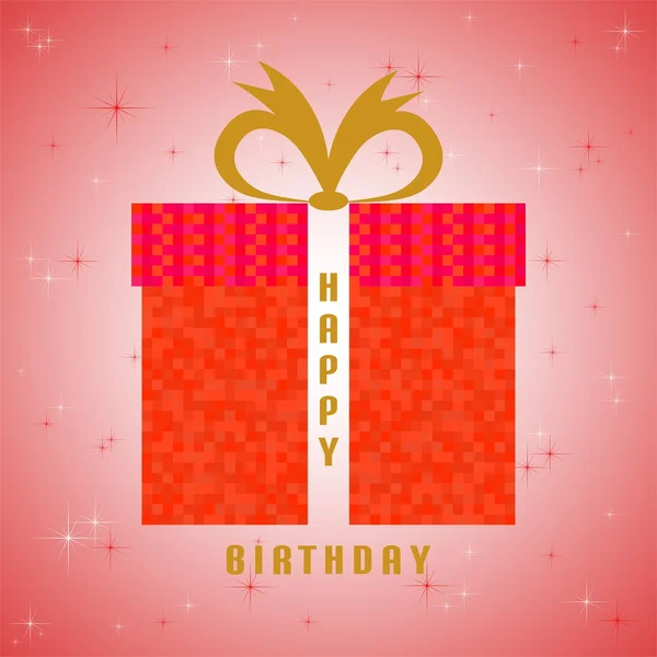 Birthday gift of a red square with a gold ribbon and a golden inscription happy birthday on a red background with red and white stars — Stock Vector