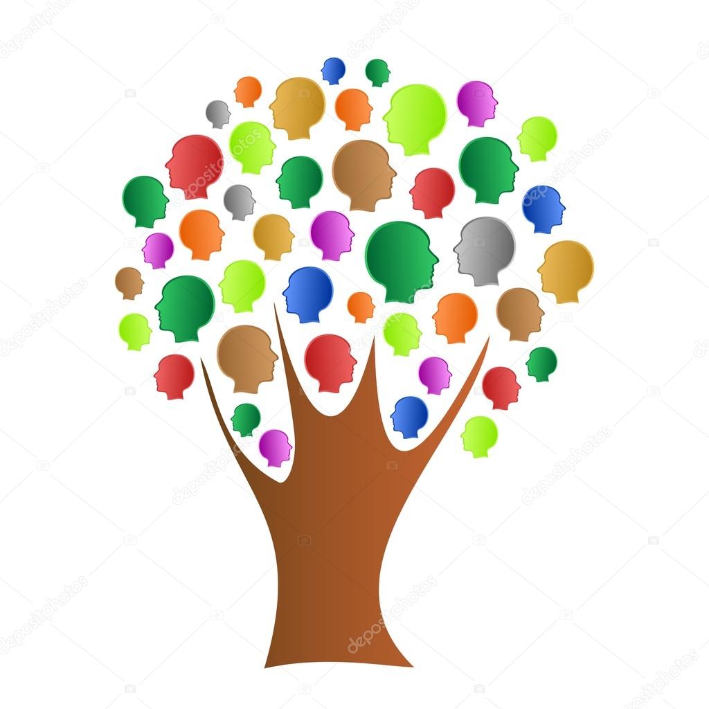 Tree with a brown trunk treetop with leafs of colored human faces and brown branches on a white background