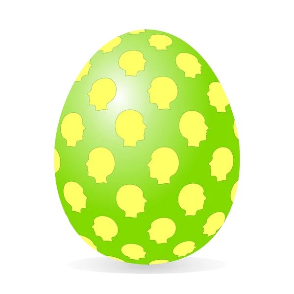 Uovo di primavera verde scintillante sulla parte superiore con teste umane gialle con contorno verde su sfondo bianco con ombra — Vettoriale Stock