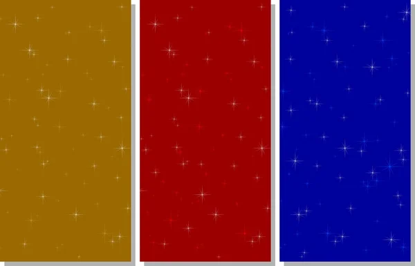 Τρία πολύχρωμα φόντο μπλε, χρυσό και κόκκινο με λευκό, χρυσό, κόκκινο και άστραφταν μπλε αστέρια με σκιά σε λευκό φόντο — Διανυσματικό Αρχείο