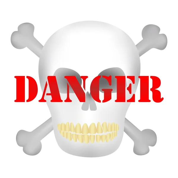 Human skull with yellow teeth and dark holes for eyes and nose with two crossed bones of men and red danger notice — Stock Vector