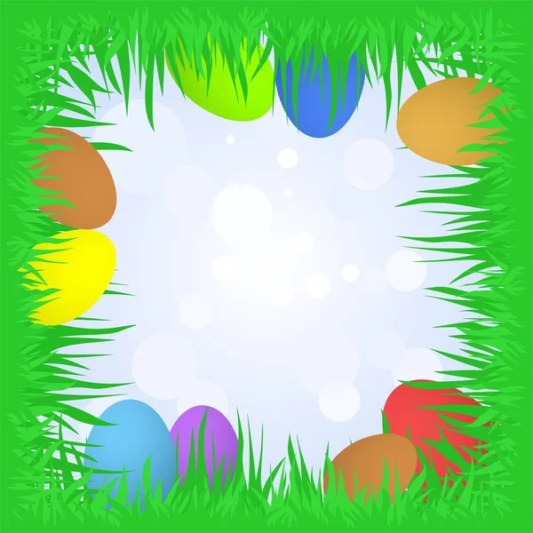 Frühlingsgruß mit grünem Gras ringsum mit bunten Eiern im Gras und blauem Himmel mit Sonnenreflexen — Stockvektor