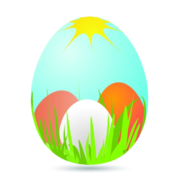 Uova di Pasqua colorate con un'immagine di paesaggio con erba verde con uova colorate nell'erba sole giallo e cielo blu con ombra su uno sfondo bianco — Vettoriale Stock