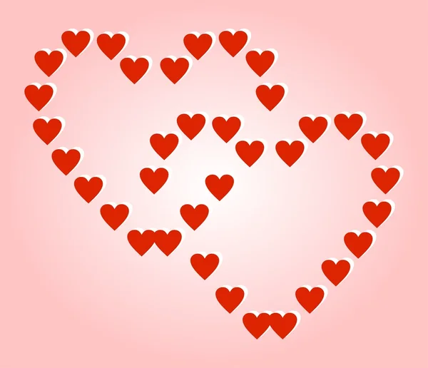 Küçük kalpler pembe bir arka plan üzerinde oluşan iki büyük kırmızı kalp — Stok Vektör