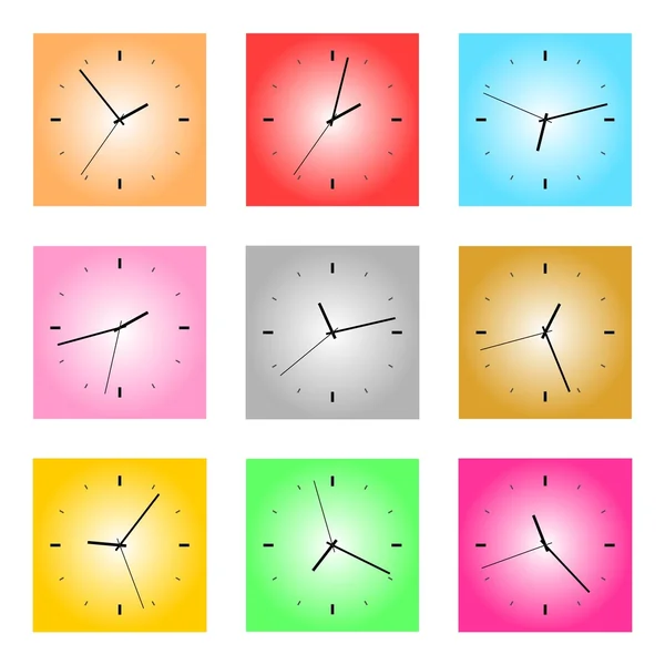 Set of wall clocks in different colors with hand and second hand to different times on a white background — Stock Vector