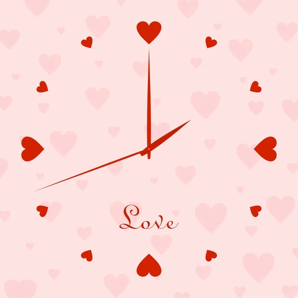Relógio Valentim com mostrador de um coração vermelho com as mãos da hora e a segunda mão com um fundo rosa com um coração rosa com a palavra amor — Vetor de Stock