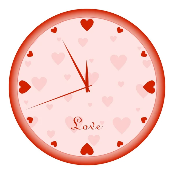 Horloge murale visage avec des coeurs rouges et des mains rouges sur le fond de coeurs roses avec jante rouge avec le mot amour sur un fond blanc — Image vectorielle