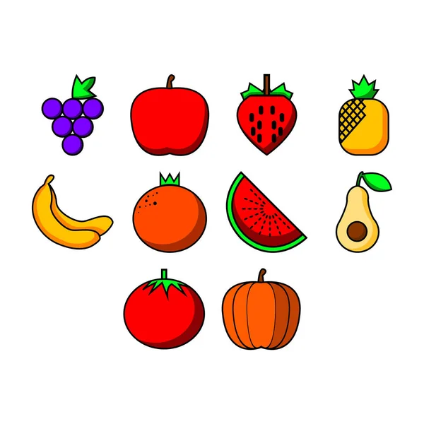 Collection Dessin Animé Fruits Légumes Icône Vecteur — Image vectorielle