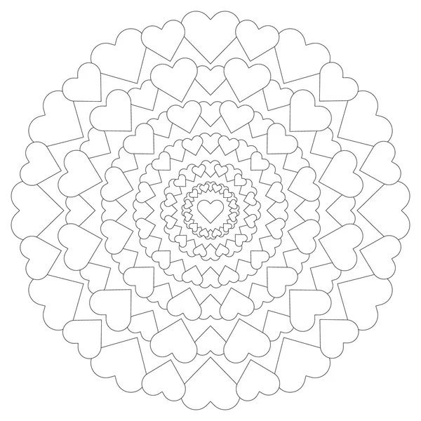 Vecteur adulte coloriage livre page modèle circulaire aimant mandala avec des cœurs noir et blanc — Image vectorielle