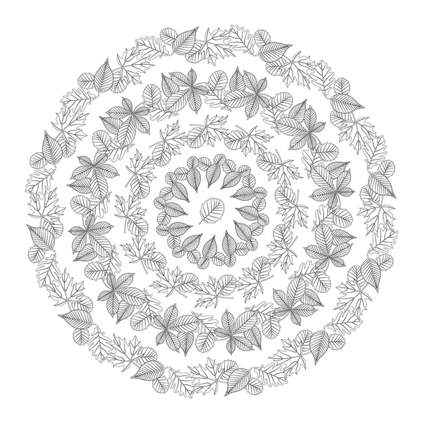 Vettore adulto colorazione libro pagina modello circolare mandala autunno foglie bianco e nero — Vettoriale Stock